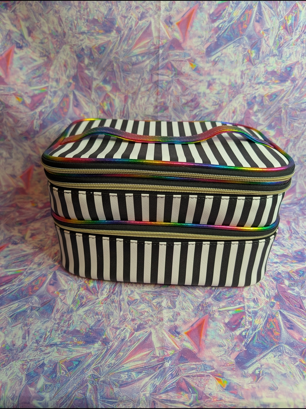 Underonesky Striped 3 Zipper Cosmetic Make Up Case with Rainbow Trim, Used Once
